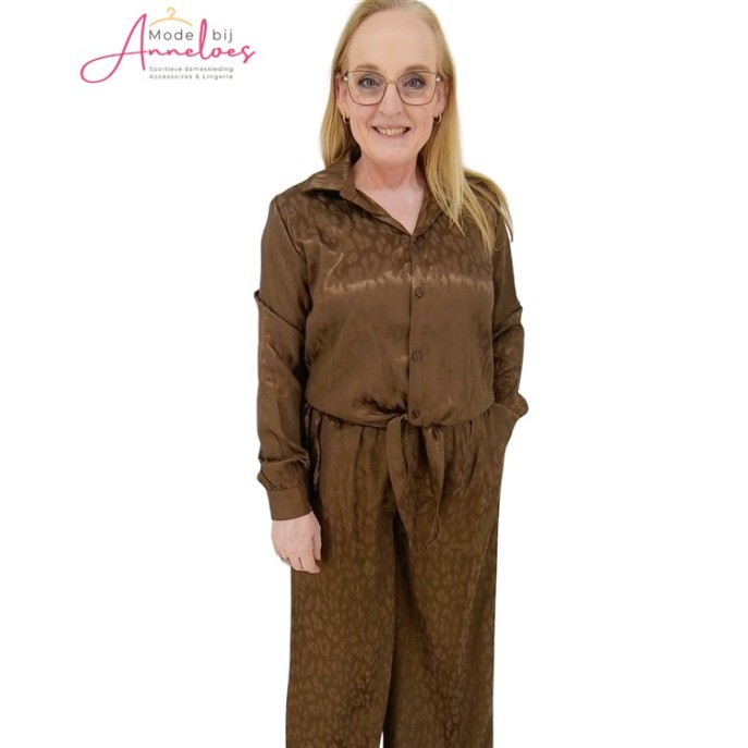 Enjoy Broek satijn panter jacquard Donker bruin